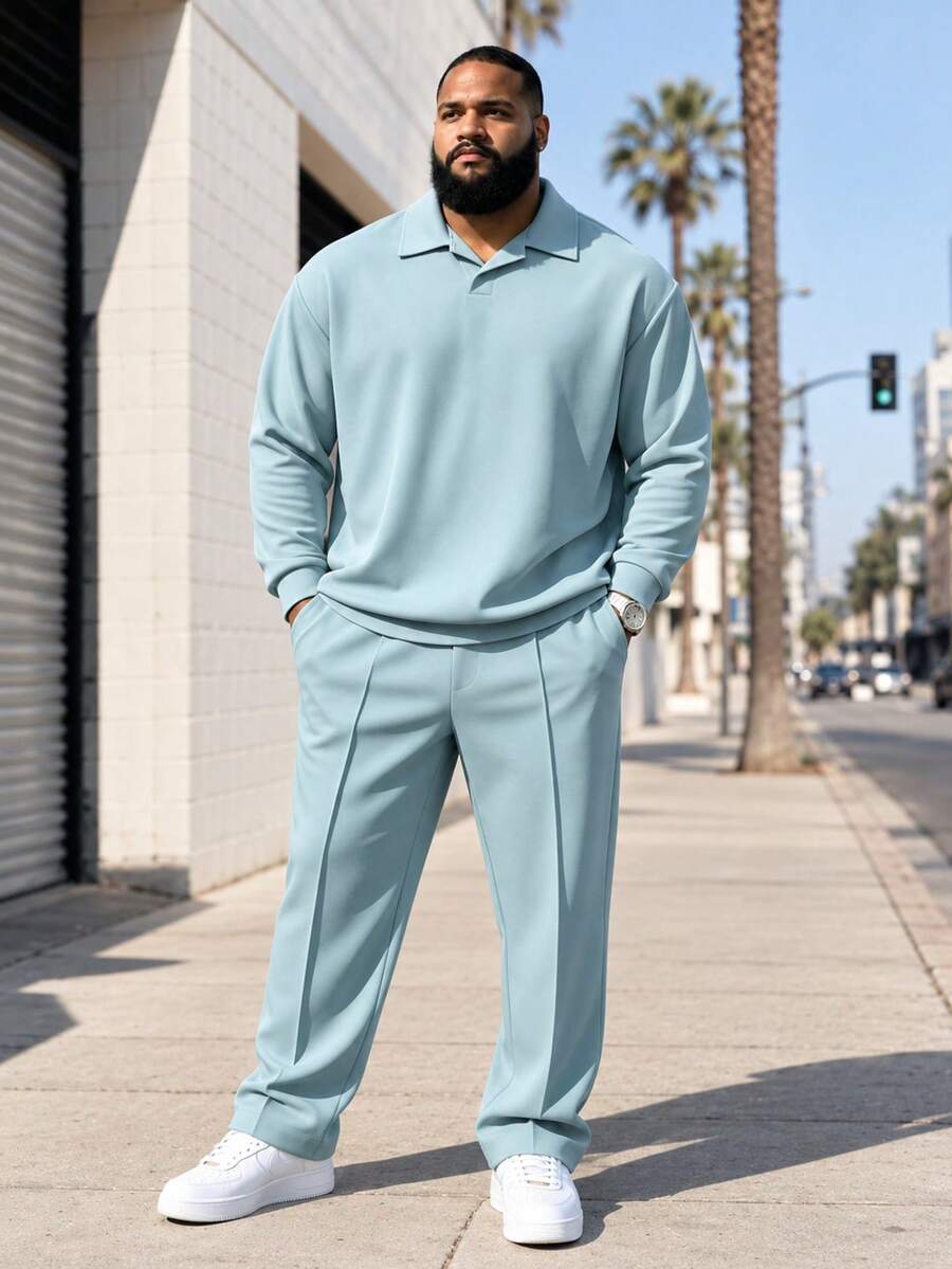 Plus Size Men's Polo Set, Autumn Long Sleeve Long Pants Casual Solid Color Plus Size Set For Men, Suitable For Daily Wear Plus Size Men's Clothing - Baby Blue - View 1