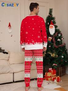 Ailiya 2pcs Men's Christmas New Pajama Set, Reindeer Print, Long Sleeve Crew Neck Top And Full Floral Pants, Comfortable Fit, Suitable For Autumn/Winter - Multicolor - View 3
