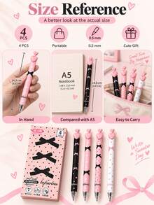 4pcs/Box Pink Bow Neutral Pens, 0.5mm, Quick-Drying Smooth, Pink White Black 3 Colors, Multiple Cute Patterns, Essential For Office And Study - Sets - View 6