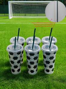 6pcs Reusable Plastic Football Shaped Cups With Lids & Straws, Suitable For Football Fans, Football Themed Party Decor & Gifts - Multicolor - View 13