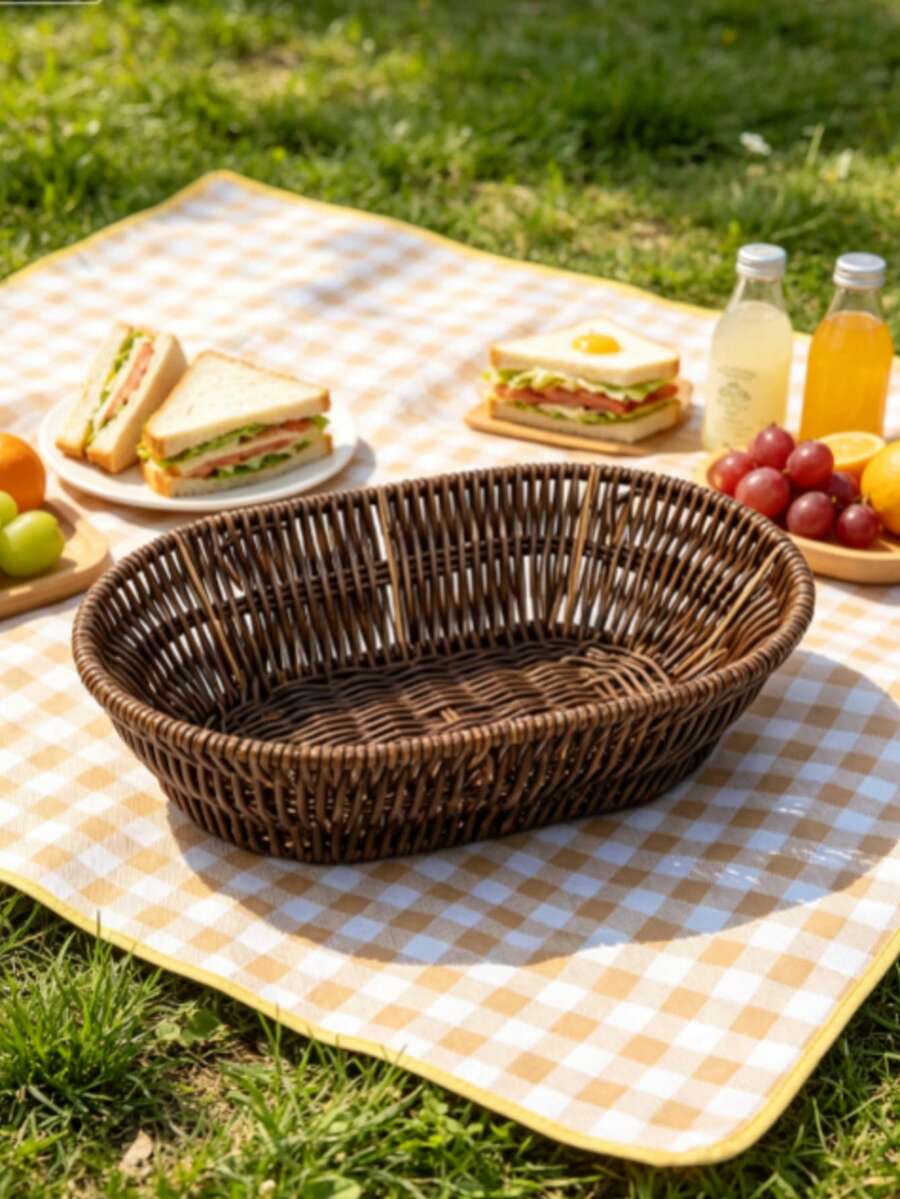 Handmade Woven Fan Shaped Storage Basket, Brown Imitation Rattan Wicker Tray For Bread Fruit Food Serving - Oval - View 1