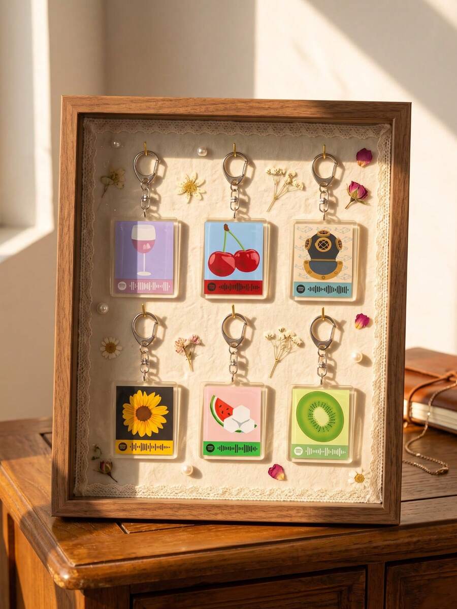 1pc/6pcs Music Code Song Graphic Aesthetic Acrylic Keychains, Popular Music Scan Code Player Series Including Pink High-Foot Wine Glass, Double Red Cherries, Vintage Diving Helmet, Blooming Sunflower, Sliced Watermelon With Sugar Cube And Sliced Kiwi Square Pattern Pendant, Backpack And Car Key Accessories, Gift For Music Lovers And Fans - Multicolor - View 1