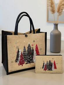 Christmas Tree Handbag, Tote Bag,Red Black Silver Hand Drawn Pine Trees Snowflakes Stars Vintage Winter Holiday Pattern,Storage Pouch,Christmas Gift - Multicolor - View 12
