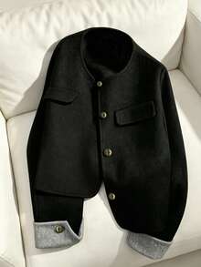 Elegant Round Neck Regular Sleeve Short Woven Women's Jacket With Contrast Color Cuffs, Faux Pockets And Gold Buttons, Ideal For Winter Outfits - Black - View 1
