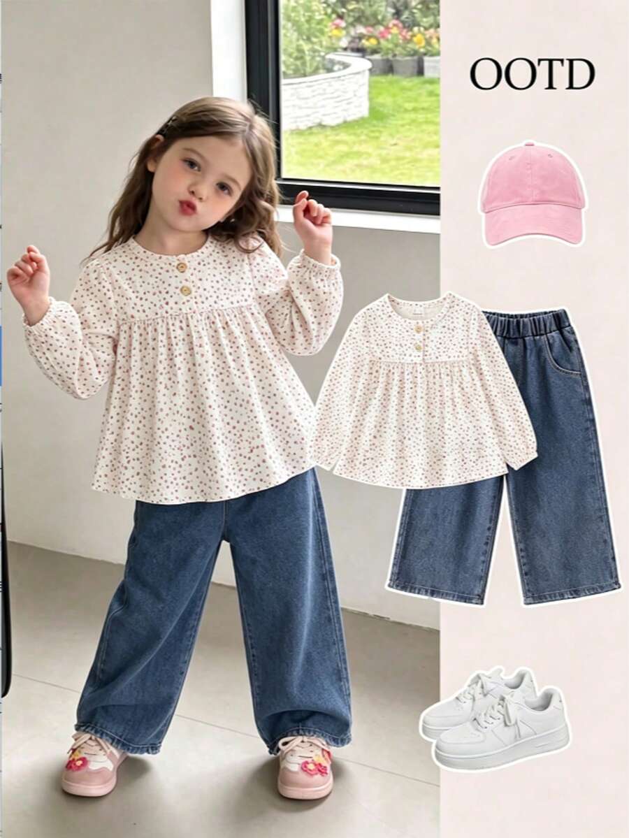 Girls' Gentle Small Ditsy Floral Half-Button Puff Sleeve Blouse & Elastic Waist Wide Leg Denim Jeans Casual 2-Piece Set, Spring/Autumn - Multicolor - View 1