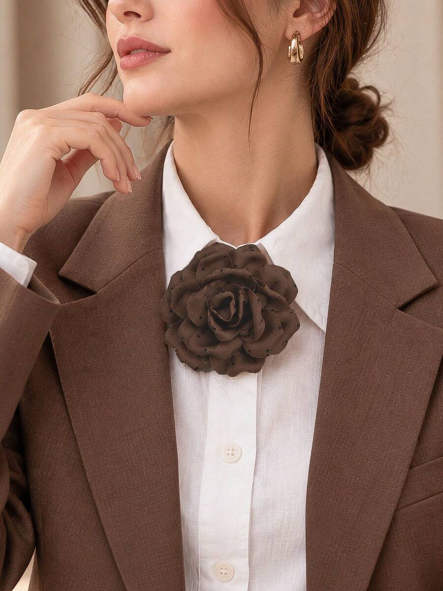 Brown Polka Dot Flower Button Covers For Women, Oversized Handcrafted Rose Button Clips For Shirts, Blouses & Jackets, Removable Clothing Accessory