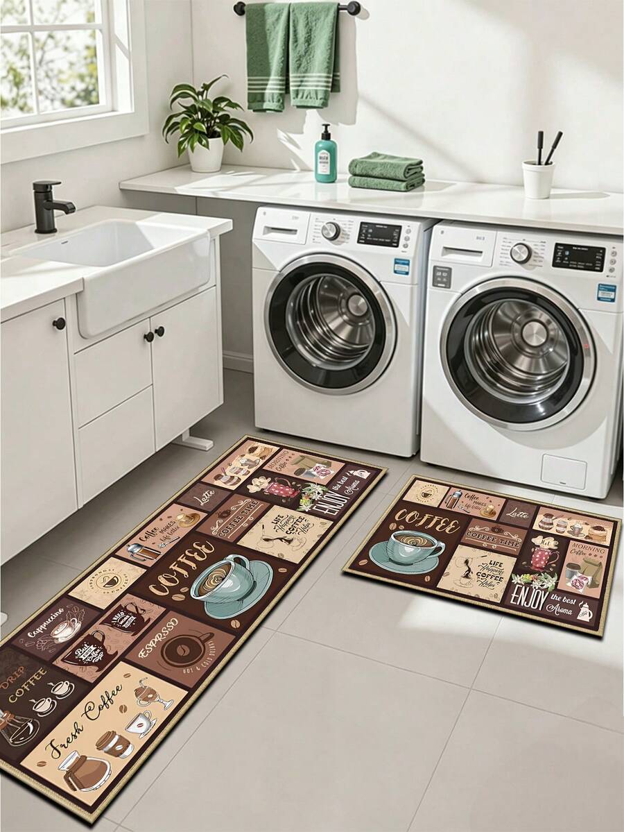 SANJIANGDI 1pc Retro Coffee Collage Kitchen Rug Pattern Kitchen Mat, 0.6mm Crystal Velvet Soft And Machine Washable.Suitable For Kitchen,Corridors, Bathrooms, Living Rooms, Outdoor Door Mats, And Toilets. Useable Throughout The Year And For Various Holidays. - Multicolor - View 1