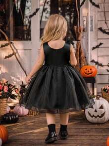 Baby Girls Round Neck 3D Flower Solid Color Organza Cute Birthday Party Puff Princess Dress Suitable For Holidays, Headband Not Included - Black - View 2