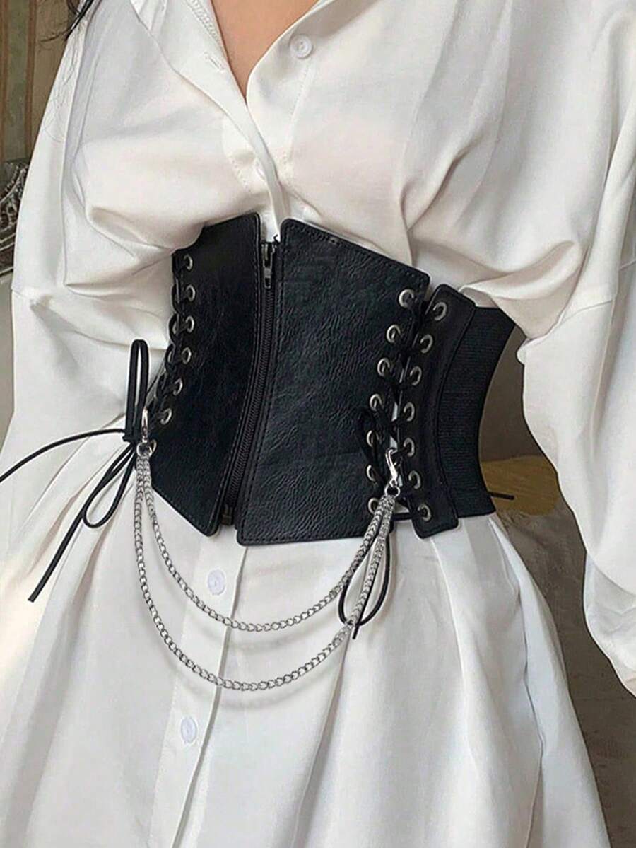 1pc Women's Renaissance Accessory Black Punk Style Drawstring Adjustable Corset Belt, Suitable For Halloween Night Or Daily Wear
