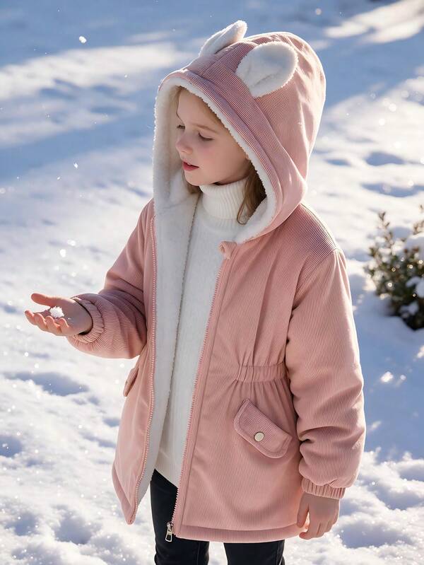Tween Girls' Casual Corduroy Rabbit Ear Fuzzy Jacket, Autumn/Winter