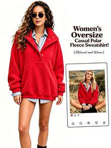 Women's Sweatshirt Fleece Oversized Henley Neck Pullover Top, Mock Neck Long Sleeve Button Fall Outfits, Everyday Wear Relaxed Fit Winter Clothes - Red - View 1
