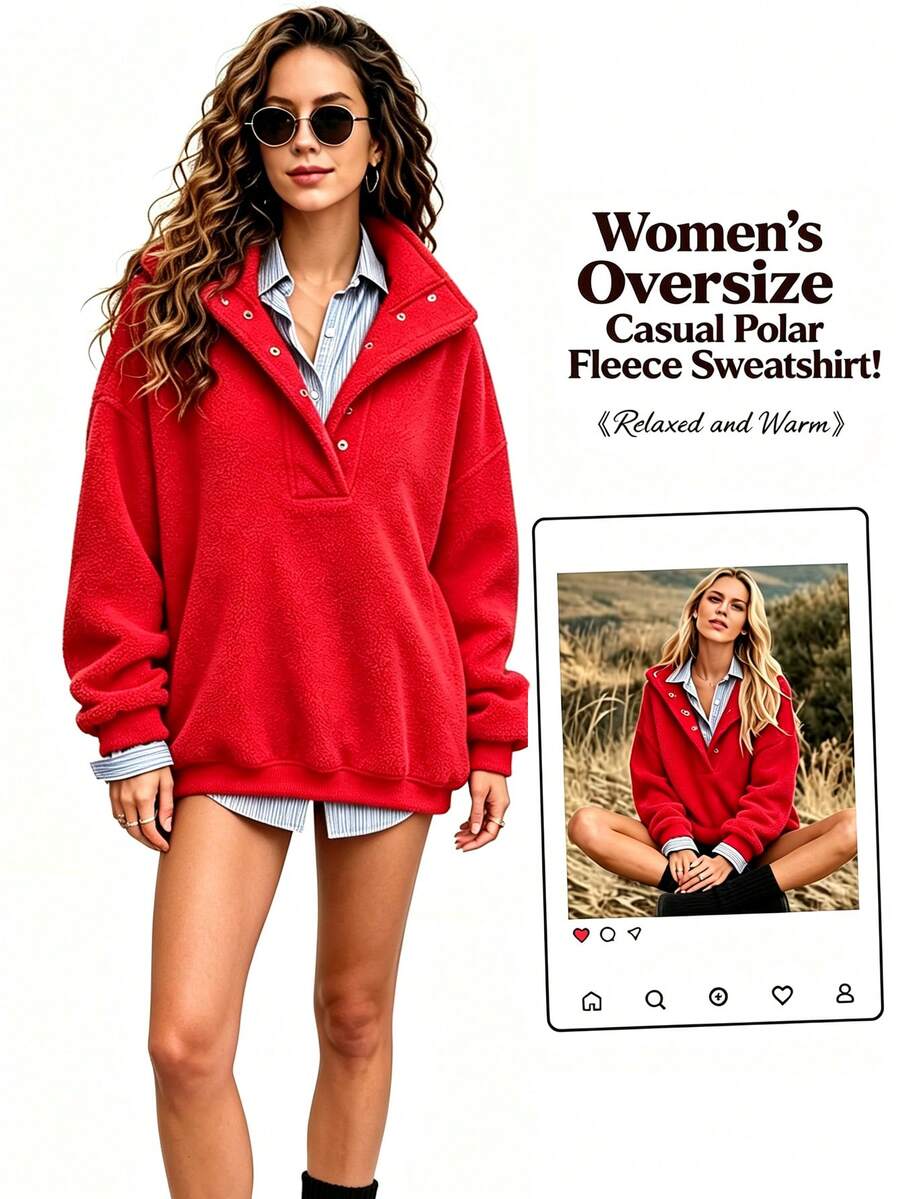 Women's Sweatshirt Fleece Oversized Henley Neck Pullover Top, Mock Neck Long Sleeve Button Fall Outfits, Everyday Wear Relaxed Fit Winter Clothes - Red - View 1