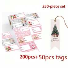 250pcs Set (200 Rolls/Packs Stickers + 50pcs Tags) Pink Christmas Decorative Stickers, Used For Gifts, Candy Jars And Envelope Seals, Self-Adhesive Stickers, Used For Gift Wrapping, Holiday Packaging, Holiday Labels, Smooth Surface, Reusable Stickers, Gift Labels, Home Gifts, Gift Givers - Multicolor - View 7