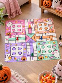 1件可愛粉色萬聖節方形聚酯纖維 Ludo 棋盤遊戲墊，幽靈、黑貓、南瓜、蝙蝠、糖果、星星與月亮印花，4人玩家 START/HOME 遊戲盤，含1袋遊戲配件，適用萬聖節派對、家庭遊戲與室內娛樂 - 多色2 - 查看 2
