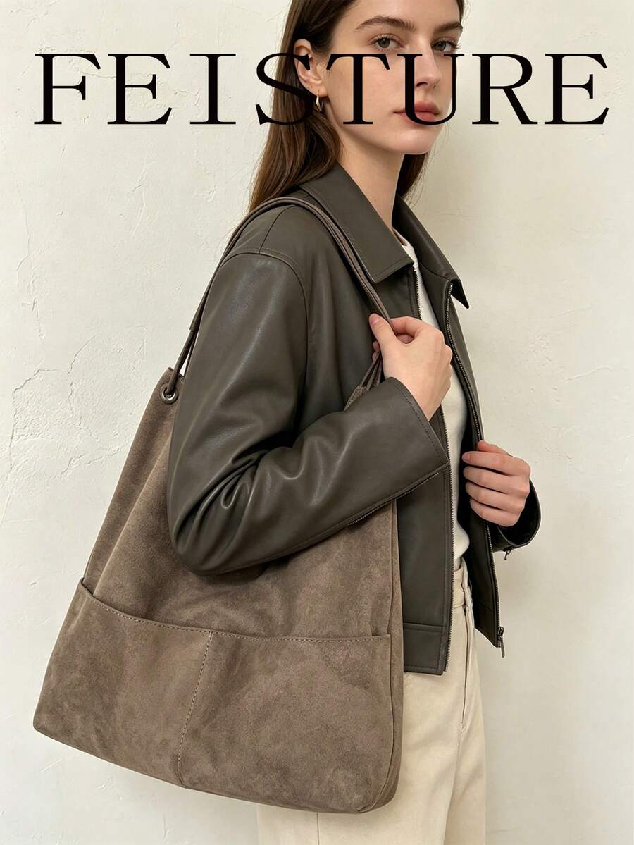 FEISTURE 2件組麂皮大容量腋下包女款單肩波西米亞包（附小收納袋）適合女孩、女性、大學生、職場新人與白領上班族，通勤、商務、工作、上學適用
