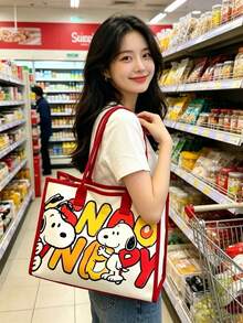1pc Snoopy Striped Canvas Tote Bag, Large Capacity Shoulder Bag, Cute Multifunctional Handbag, Suitable For Work, Casual, Travel, School, Birthday, Valentine's Day, Mother's Day Gift - A - View 6