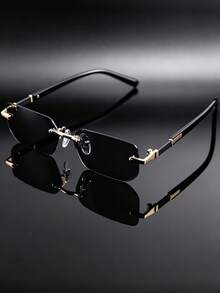 Men's Square Frameless Gold Frame Black Hip-Hop Fashion Glasses, Retro Fashion Design, Outdoor Travel Driving Premium Fashion Glasses - Multicolor - View 5