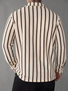 Men's Vacation Style Vertical Textured Loose Casual Yellow Long Sleeve Shirt Top - Apricot - View 2