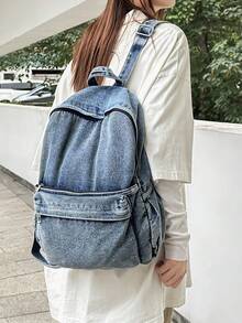 1pc Vintage Men's Backpack, Fashion Solid Color, Adjustable Shoulder Straps, Zipper Closure, Astronaut Pendant, Casual Retro Daily Commute, Large Capacity, Lightweight, Washed Canvas, College Style, Peach Tree - Blue - View 6