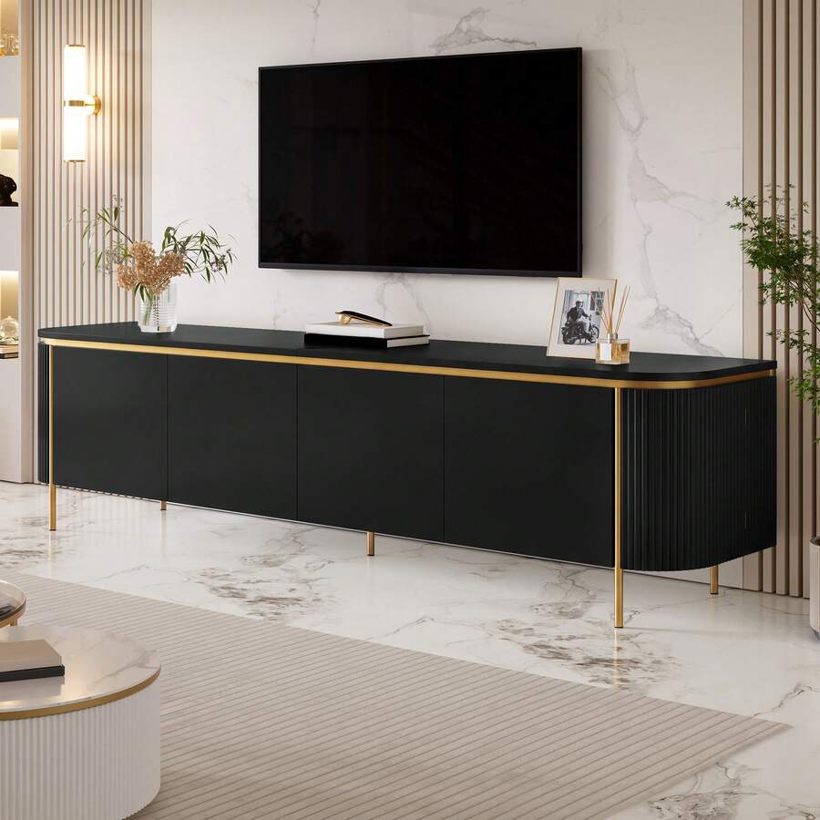 Low TV Cabinet Sideboard TV Stand MDF Iron Legs 6 Doors Rounded Ends Slatted Cable Management Living Room - Black - View 1
