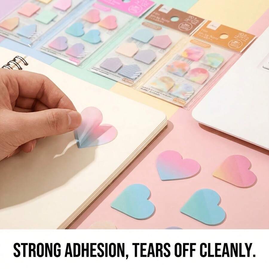 90 High-Quality Transparent Sticky Notes With Gradient Semicircles, Gradient Hearts, And Geometric House Patterns; PET Material Index Labels; Cute Pastel Bookmarks; Suitable For Book Annotations, Planners, And Office Supplies.