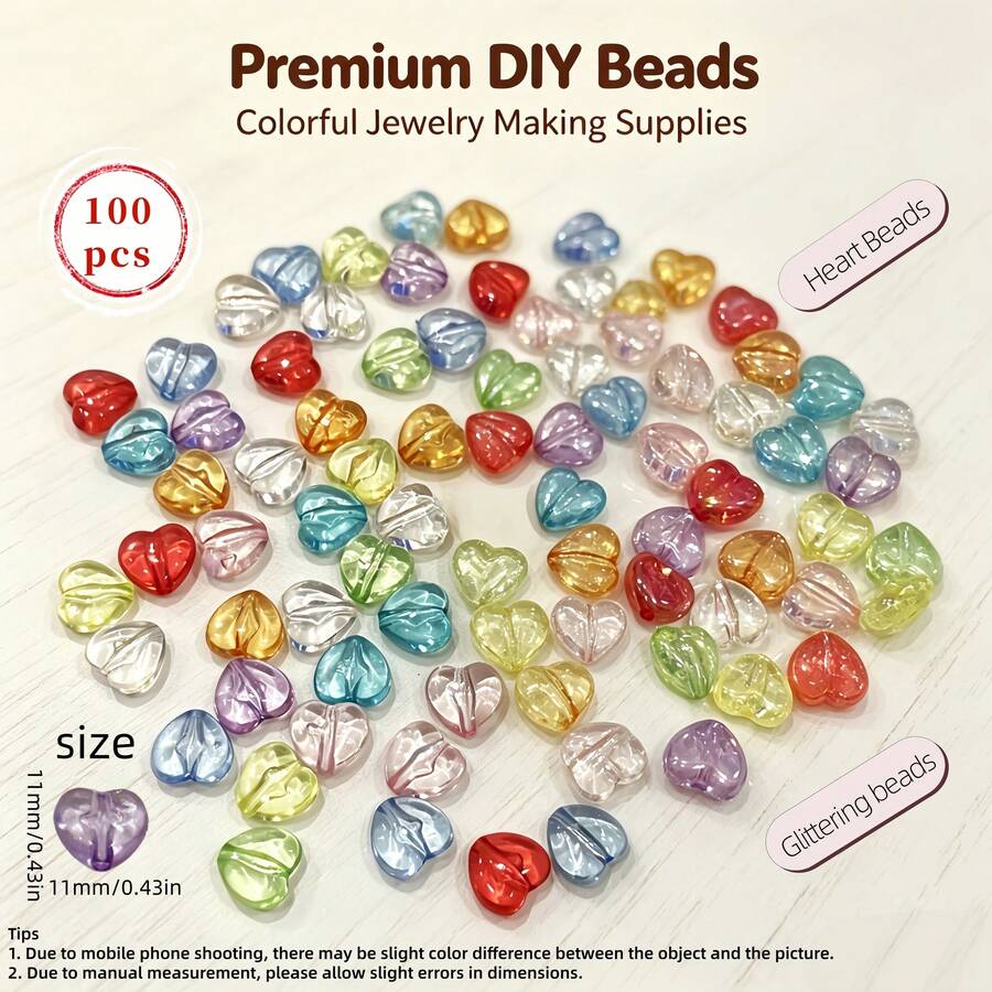 "100 Heart-Shaped Beads" Randomly Mixed Color 11mm Transparent Plated Love Beads, Loose Beads, Used For Jewelry Making DIY Handmade Necklace Earrings Keychain Mobile Phone Chain Accessories. - Multicolor - View 1