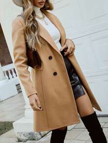 Xana Solid Color Double-Breasted Side Pocket Suit Lapel Long-Sleeved Mid-Length Straight Woolen Coat Autumn And Winter Workplace Commuter Style Casual - Khaki - View 5