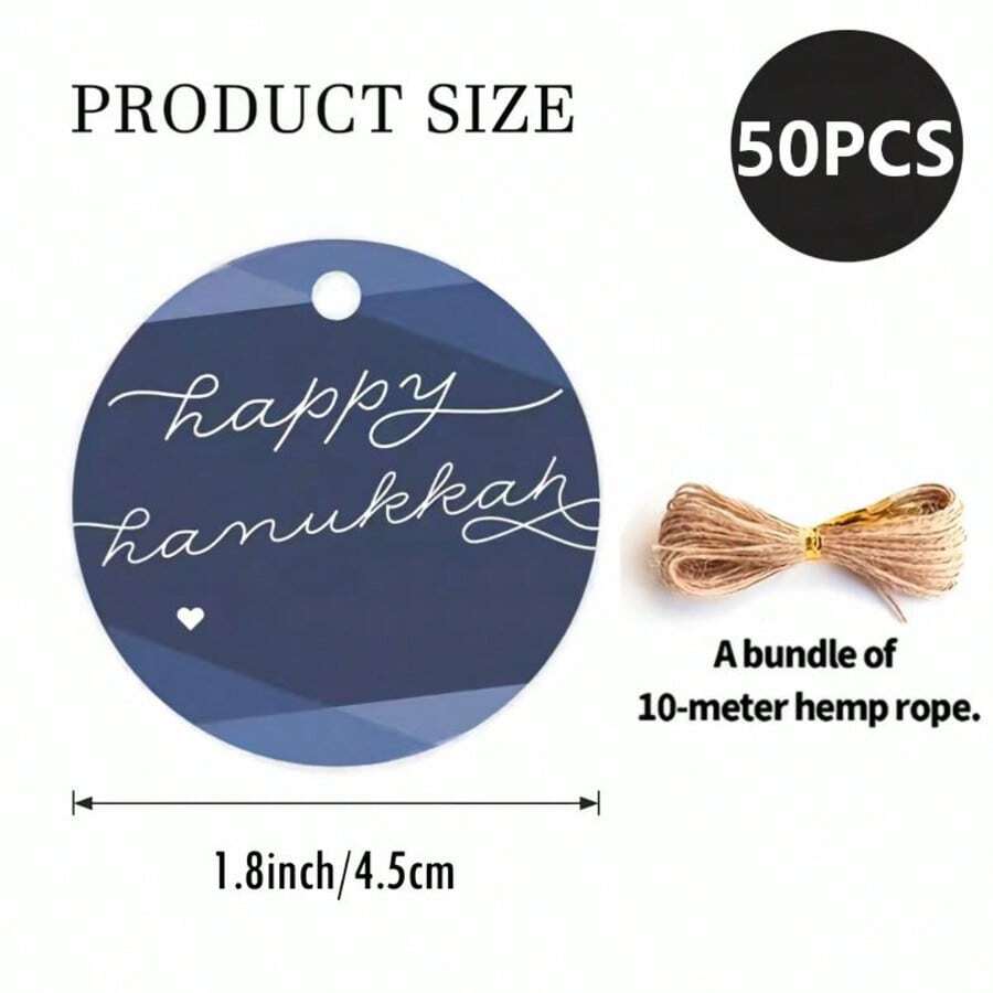 50pcs "Light & Joy" Round Labels With Jute Rope, Geometric Pattern & Small Heart Accents, Elegant Style Design, Suitable For Light Gifts Packaging, Holiday Card Decoration, Event Decor - 50 Pieces/set - View 1