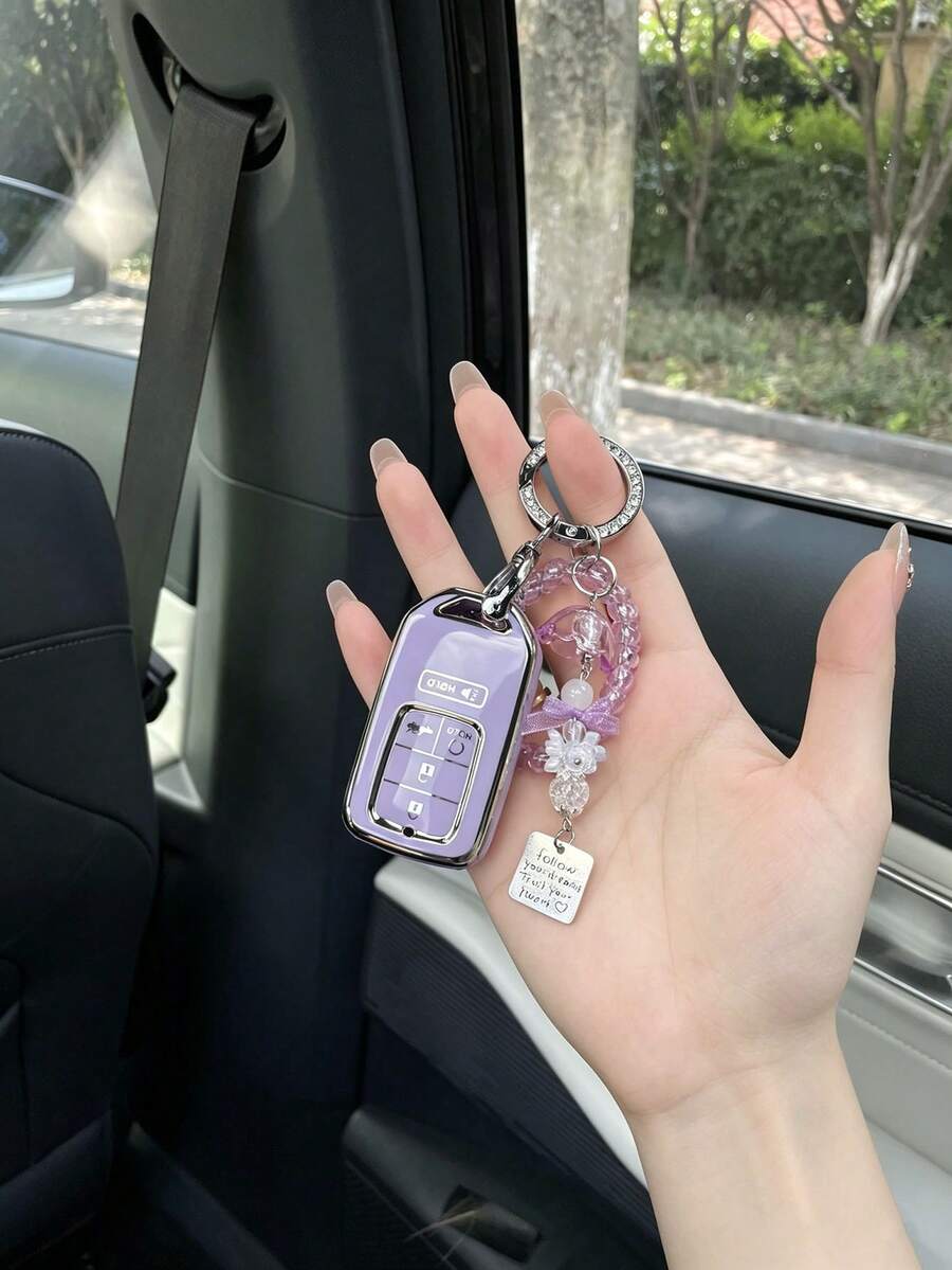 1pc Key Cover Compatible With Honda Fit, HRV, Jazz, Jade, LIFE, Taro Purple Car Key Case, Luxury Electroplated Edge TPU Soft Shell Full Protection, Anti-Drop Anti-Scratch Wear-Resistant, Personalized Telephone Wire Wrist Strap With Dreamy Purple Faux Crystal Bead Wind Chime And Exquisite Flower Pendant Decoration, Highly Attractive Car Key Shell - A - View 1