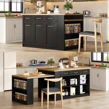 Kitchen Island With Extendable Dining Table, Large Storage Cabinet With Drawers And Adjustable Shelves, Rolling And Stationary Kitchen Island Dining, Marble Effect Countertop, 150x90x90cm - 1 - View 1