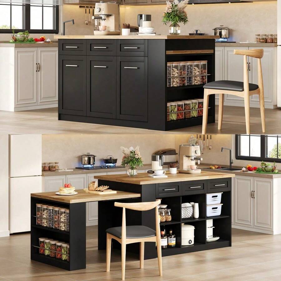 Kitchen Island With Extendable Dining Table, Large Storage Cabinet With Drawers And Adjustable Shelves, Rolling And Stationary Kitchen Island Dining, Marble Effect Countertop, 150x90x90cm - 1 - View 1