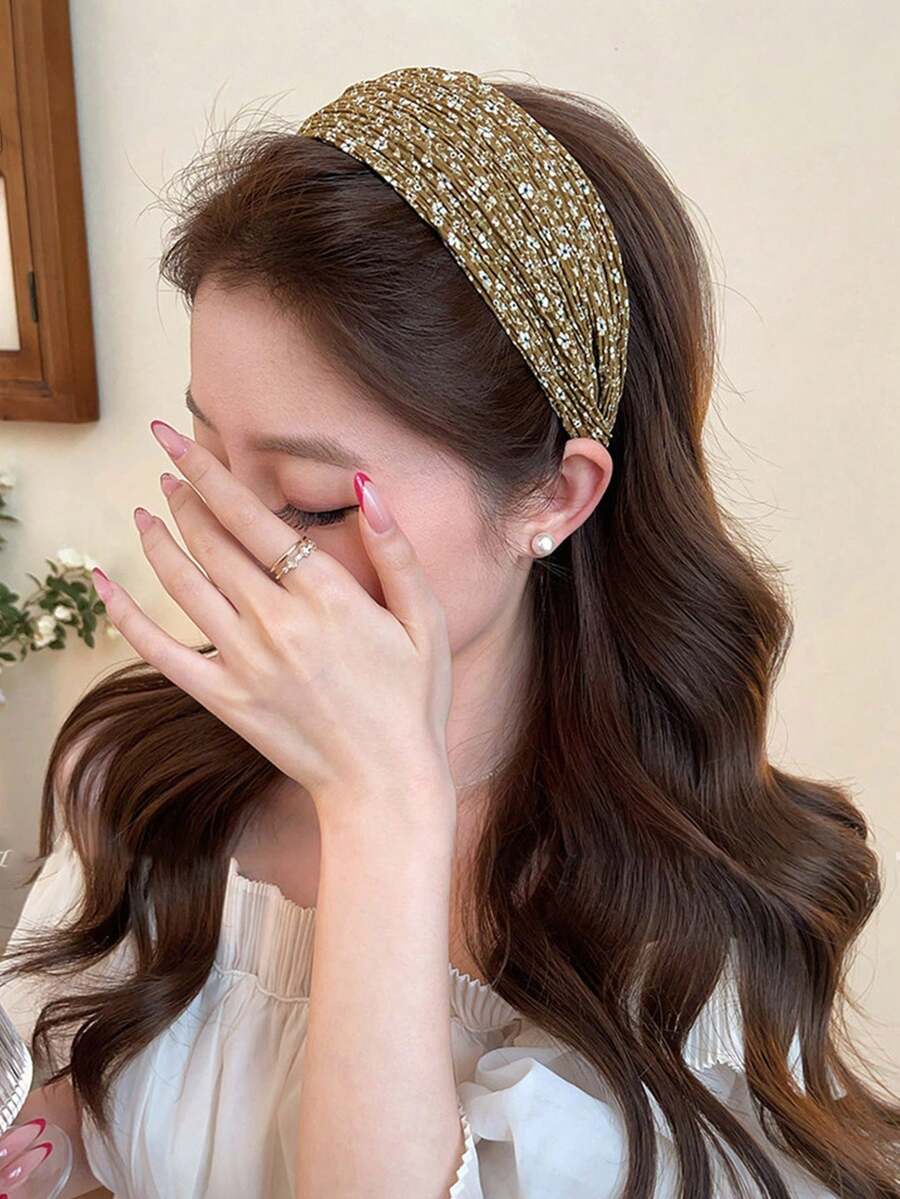1pc Vintage Fabric Pleated Wide Headband Elegant Ditsy Floral High Crown Hair Accessory For Women
