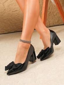 Plus Size Women's Black Pointed Toe Bow Chunky Heel High Heel Pumps, Fashionable Comfortable Office Commuter Shoes - Black - View 3