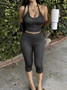GLAMSKIN Women's Summer/Autumn Basic Polka Dot Spaghetti Strap 2-Piece Set Loungewear, Slim Fit Camisole Top + Cropped Leggings, Streetwear Elegant - Black Background With White Waves - View 2