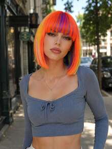 10, 12, And 14-Inch Pink Wavy Wigs With Bangs Perfect For Halloween Costumes Made Of Heat-Resistant Fiber Suitable For Women. - Multicolor - View 9