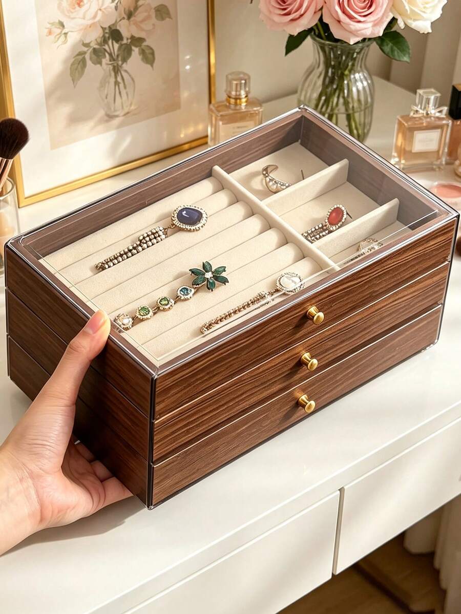 1pc Luxury Black Walnut Wood Jewelry Box, 3-Layer Wooden Jewelry Storage Box, Drawer-Style Jewelry Box, Transparent Acrylic Jewelry Storage Box, Classic Style - Multicolor - View 1