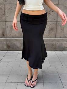 QUNGIGU Women's Elegant Low Waist Slim Fit Mermaid Midi Skirt, Daily Commute, Outing, Date, Autumn/Winter, Black - Black - View 8
