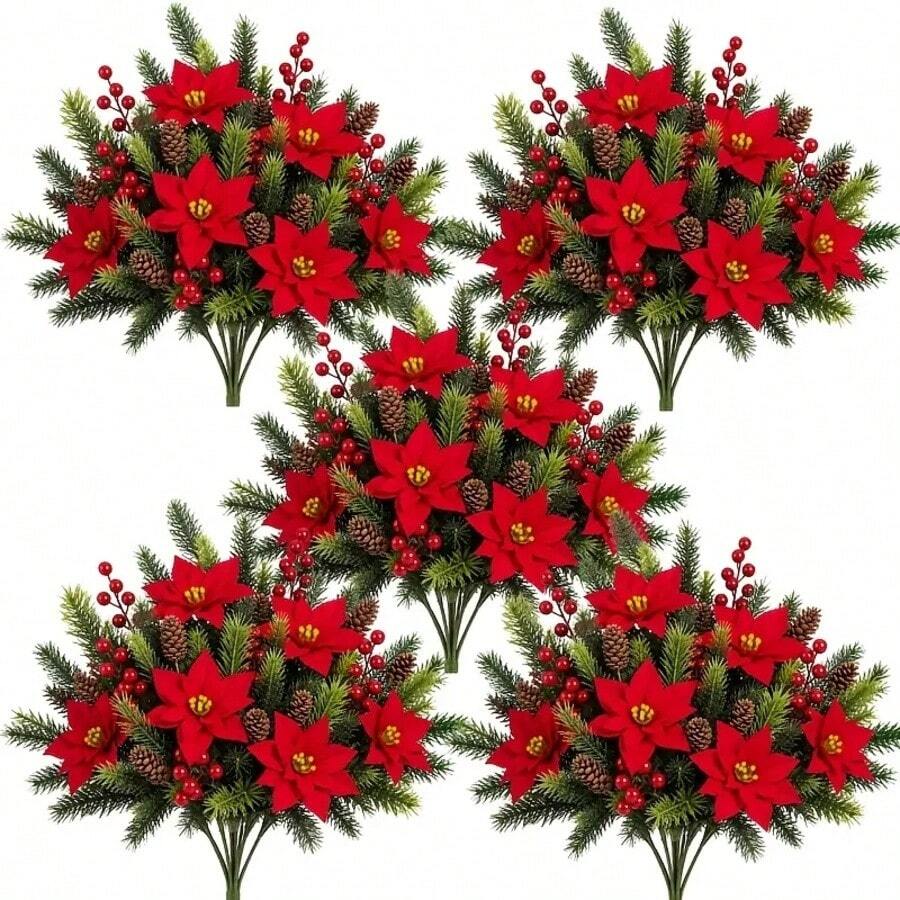 6pcs Christmas Red Artificial Flower Bouquet, Includes Red Berries, Pine Needles And Floral Decor, Suitable For Christmas Tree, Porch Entrance, Fireplace, Tabletop Centerpiece, Living Room And Office - Multicolor - View 1