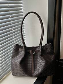 New Woven Texture Tote Bag For Women, Large Capacity Shoulder Bag, Minimalist Fashion Commuter Bag, Versatile Handbag - Coffee Brown - View 6