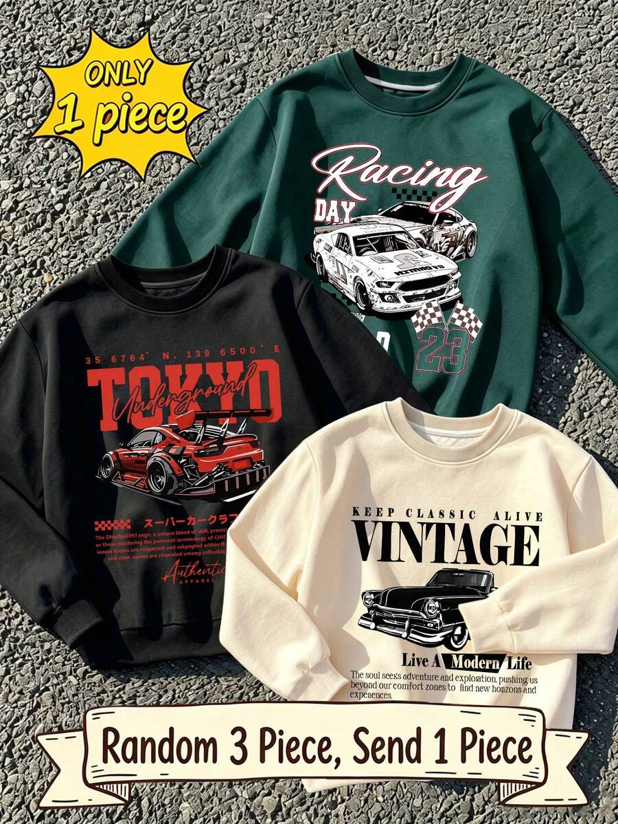 [Random 3pcs, 1pc Sent] Boys' Racing-Themed Print Crew-Neck Sweatshirt, Soft And Comfortable Pullover Top, Suitable For Autumn And Winter Wear - Dark Green - View 1
