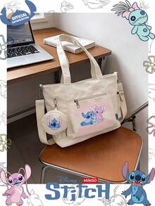 Miniso Disney Stitch & Angel Enjoy Time Together Text Print Tote Bag 2 Pieces Set With Coin Purse,Ideal For Work,Travel,Shopping And Everyday Use - White - View 3