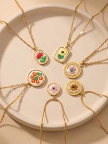 1 Pc 304 Stainless Steel Fall Decor Embroidery Flower Pendant Necklace Vintage Handmade Floral Textured Charm Twisted Chain Fall Style Jewelry Women - Necklace - View 7