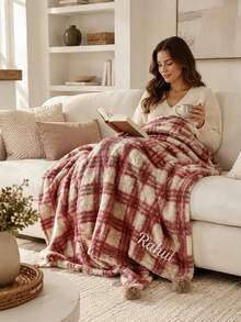 1pc Personalized Monogram Embroidered Throw Blanket, Custom‑Text Vintage Plaid Grid Household Blanket, Distinct Plaid Print With Pom‑Pom Ball Trim, Three Color Selections, Holiday Gift For Bedroom, Living Room And Household Space Display - Multicolor - View 7