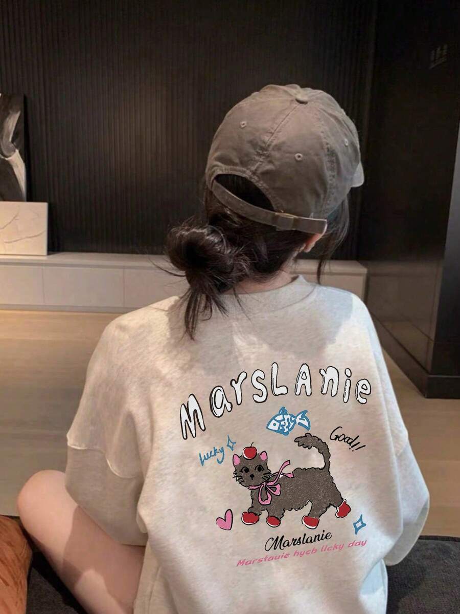 Women's Fashion Autumn/Winter Loose Minimalist Versatile Cartoon Cat Print Long Sleeve T-Shirt - Light Gray - View 1