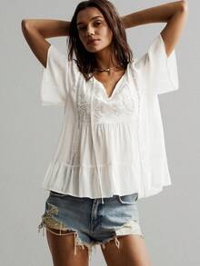 Rusttydustty Party Outfit Bohemian Loose V-Neck White Patchwork Lace Casual Women's Top, Suitable For Autumn, Halloween - White - View 2