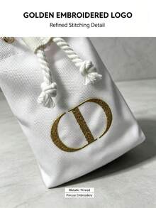 DIOR White Canvas Embroidered Bucket Drawstring Makeup Bag, Luxury Small Gold Label Embroidered Portable Sample Cosmetic Jewelry Storage Bag, Soft Fabric Pouch For Lipstick, Powder, Small Items Organizer, Travel And Business Trip Portable - White Embroidered Bucket Drawstring Bag - View 6