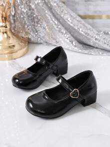 Black Mary Jane High Heels With Heart Buckle And Straps For Girls, Princess Flats For Performance Dresses - Black - View 3