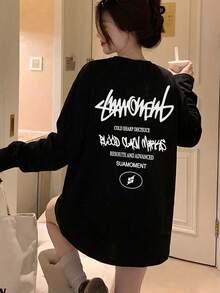 Women's Fashion Autumn/Winter Loose Minimalist Versatile Letter Print Long Sleeve T-Shirt - Black - View 3