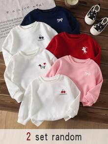 Girls' Pink Crew Neck Sweatshirt, Simple Print Loose Drop Shoulder Long Sleeve Autumn Top, 6-2 Random - Multicolor - View 2