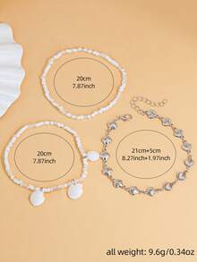 3pcs/Set Silver Multi-Layer Bohemian Style Shell & White Bead Anklet Set, Adjustable Summer Beach Foot Jewelry - Silver - View 5